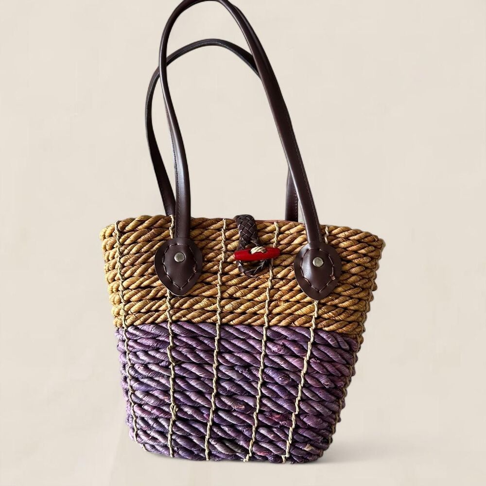 Vintage raffia colorblock woven straw market tote basket bag cottagecore boho